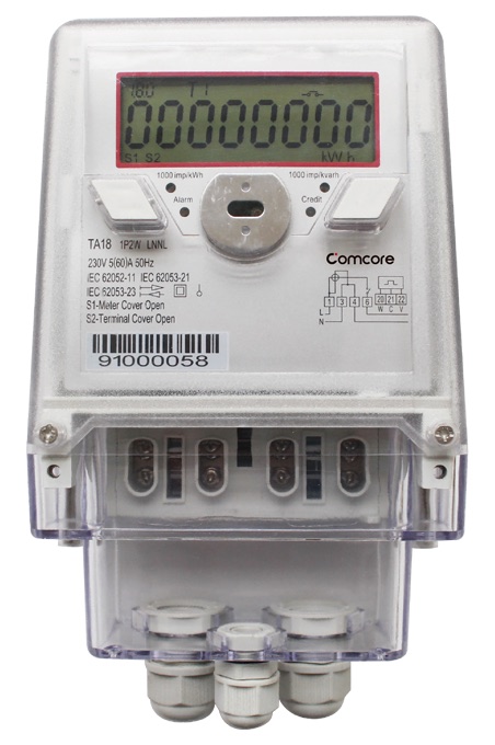 TA18 single phase smart meter, front view, showing the display, the nameplate, the transparent terminal cover over the live and neutral terminals, and the cable glands below