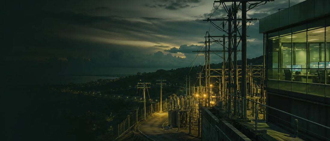 Illustrative evening scene of distribution lines and a substation above a coastal town