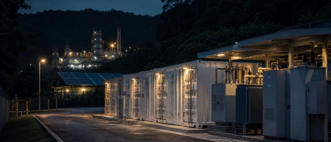 Illustrative evening scene of containerized battery storage beside switchgear and a transformer