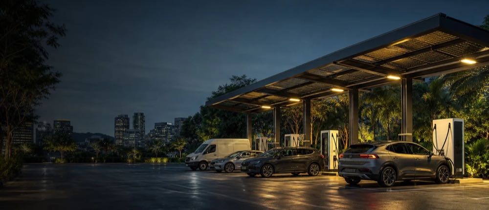 Illustrative evening scene of a covered charging area with vehicles at DC chargers