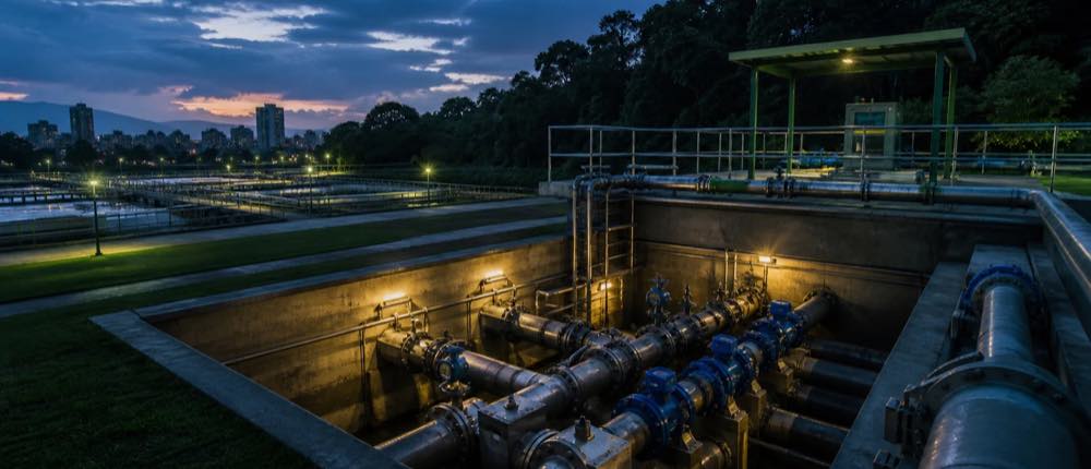 Illustrative evening scene of a water treatment works with a pipe gallery in the foreground