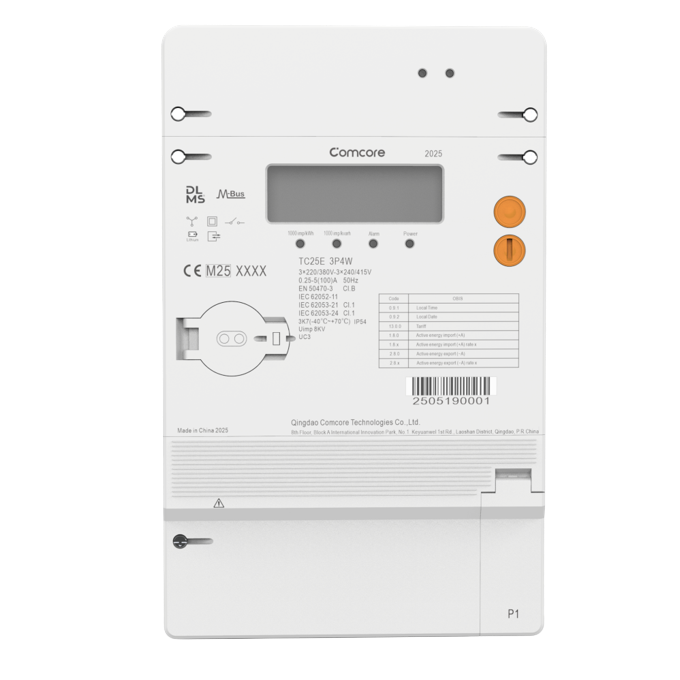 TC25E three phase four wire smart meter, front view